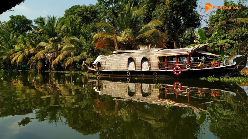 a boat on the water around the tree: Kumarakom , Kerala
