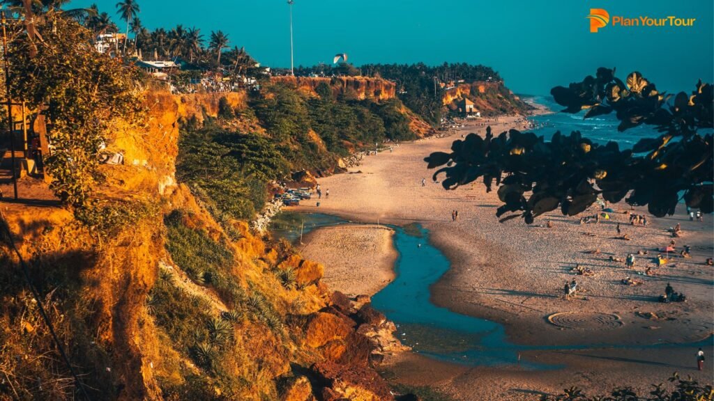 a beach with a body of water and trees
 : Varkala , Kerala