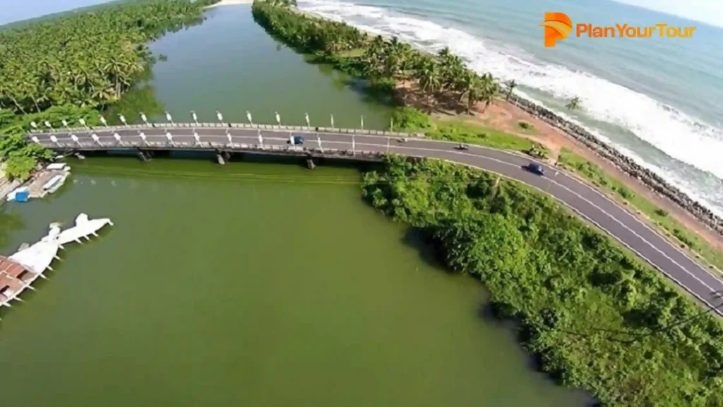 a road with cars on it and a body of water around Kappil Lake, must must-visit destination in Varkala
