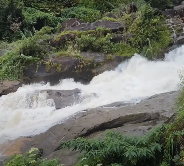 The powerful Attukad Waterfalls cascade over large rocks, surrounded by lush green vegetation. The water flows rapidly, creating white frothy waves as it descends. This vibrant scene is a testament to nature's beauty.