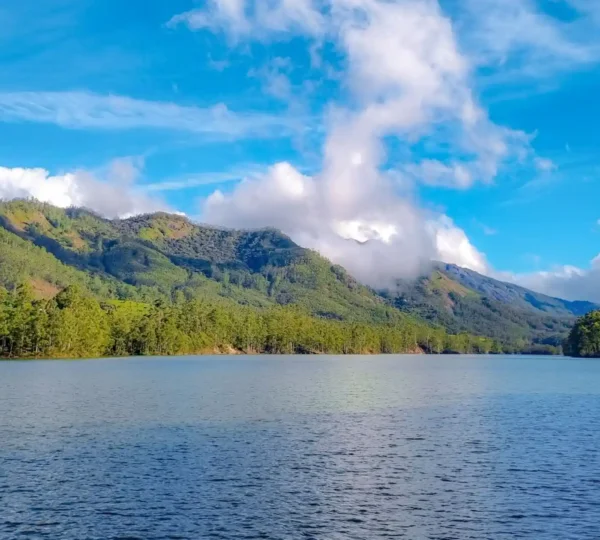 A serene landscape awaits on your 7 Days Munnar Tour, featuring a large lake with calm water in the foreground. Behind the lake, lush green mountains rise under a vibrant blue sky adorned with scattered white clouds.